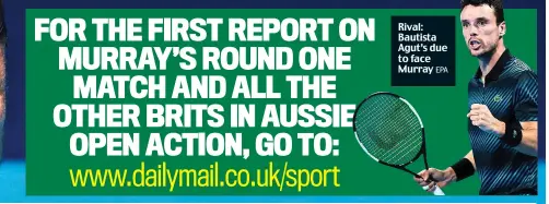  ?? EPA ?? Rival: Bautista Agut’s due to face Murray FOR THE FIRST REPORT ON MURRAY’S ROUND ONE MATCH AND ALL THE OTHER BRITS IN AUSSIE OPEN ACTION, GO TO: www.dailymail.co.uk/sport