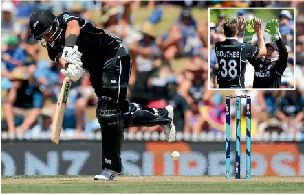  ?? PHOTOSPORT ?? Ross Taylor hits stylishly to the leg side during his 137 against Sri Lanka in Nelson yesterday; inset, Tim Southee and Tim Seifert celebrate a wicket during the Black Caps’ bowling effort.