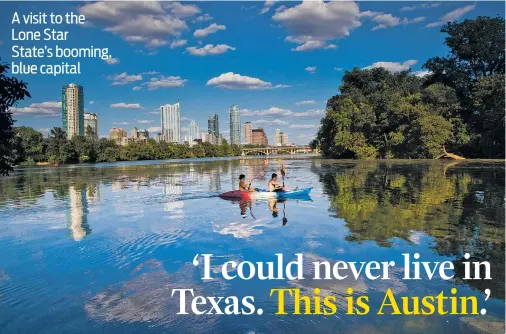  ?? AUSTIN CONVENTION & VISITORS BUREAU PHOTOS ?? Kayakers take in the skyline from Lady Bird Lake, which is encircled by a trail that stretches more than 10 miles.