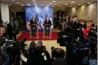  ?? AP/SEBASTIAN SCHEINER ?? U.S. Secretary of State Mike Pompeo (left) and Israeli Prime Minister Benjamin Netanyahu deliver joint statements Wednesday at the prime minister’s office in Jerusalem.