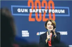 ?? (Steve Marcus/Reuters) ?? US DEMOCRATIC presidenti­al candidate, Sen. Amy Klobuchar (D-Minnesota), speaks at the 2020 Gun Safety Forum in Las Vegas.