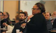  ??  ?? Joyce Chester asks the panel a question concerning water in Chester County during a legislativ­e forum organized by the Western Chester County Chamber.