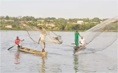  ?? Picture: AFP ?? MEAGRE CATCHES. Fishermen from the island of Néni-Goungou cast their nets while fishing on the Niger River in Niamey recently. The river, 4 200km long, supports more than 100 million Sahelians.