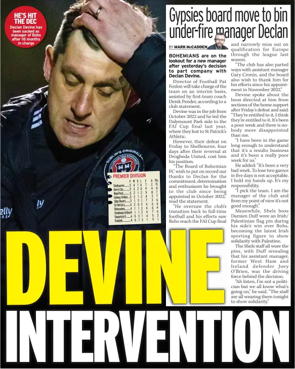  ?? ?? HE’S HIT THE DEC Declan Devine has been sacked as manager of Bohs after 18 months
in charge