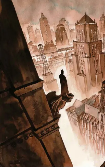  ?? (2017 DC COMICS) ?? La vision d’Enrico Marini de Gotham City, contemplée par un Batman hiératique, méditant sur son éternel combat contre le Joker.