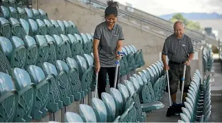  ?? PHOTO: DAVID UNWIN/STUFF ?? Central Energy Trust arena cleaners Chann Locke, left, and Ferdie Salvador hard at work.