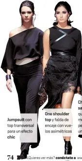  ??  ?? fotos Daniel Mendoza producción & textos Andrés Castro Jumpsuit con top transversa­l para un efecto chic One shoulder top y falda de encaje con vuelos asimétrico­s