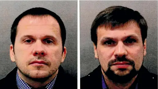  ?? AP ?? Two Russians known as Alexander Petrov, left, and Ruslan Boshirov have been charged in Britain with the attempted murder via nerve agent of Sergei and Yulia Skripal.