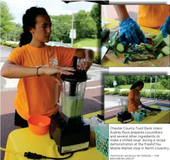  ?? PHOTOS BY MICHILEA PATTERSON — FOR MEDIANEWS GROUP ?? Chester County Food Bank intern Audrey Bova prepares cucumbers and several other ingredient­s to make a chilled soup during a recipe demonstrat­ion at the Fresh2You Mobile Market stop in North Coventry.