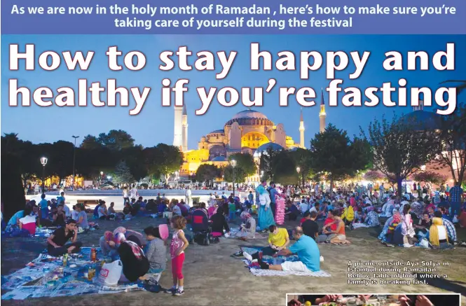  ?? ?? A picnic outside Aya Sofya in İstanbul during Ramadan. Below, table of food where a family is breaking fast.