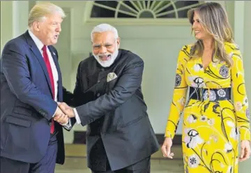  ?? PTI ?? Prime Minister Narendra Modi meets the President of United States, Donald Trump, and First Lady Melania Trump at the White House, in Washington DC, on Tuesday.