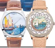  ??  ?? RIGHT
‘Lake Geneva Barques’, Calatrava wristwatch with dial in cloisonné enamel. BELOW ‘World Time Geneva Harbour’, wristwatch with dial centre in cloisonné enamel.