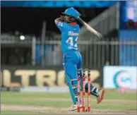  ??  ?? Shikhar Dhawan during hs unbeaten 101-run knock in Sharjah on Saturday.