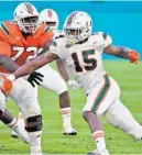  ?? JIM RASSOL/SUN SENTINEL ?? Miami Hurricanes redshirt freshman defensive end Gregory Rousseau is in line to see more time on the field as he leads the team in sacks and tackles for loss in limited action.