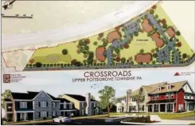  ?? EVAN BRANDT — DIGITAL FIRST MEDIA ?? An artist’s rendering of the site plan for Crossroads, and what the apartment buildings would look like.