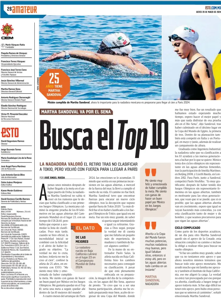  ?? LXXXIII 29,446 ?? Misión cumplida de Martha Sandoval, ahora lo importante para la nadadora mexicana es prepararse para llegar al cien a París 2024.
La nadadora nacida en Baja California culminó en el lugar 23 en el Campeonato Mundial de Doha 2024.