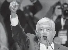  ?? MOISES CASTILLO, AP ?? Andrés Manuel López Obrador delivers his victory speech in Mexico City’s main square, the Zócalo, late Sunday.