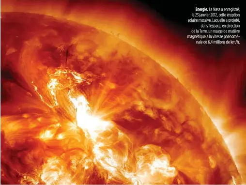  ??  ?? Énergie. La Nasa a enregistré, le 23 janvier 2012, cette éruption solaire massive. Laquelle a projeté, dans l’espace, en direction de la Terre, un nuage de matière magnétique à la vitesse phénoménal­e de 6,4 millions de km/h.