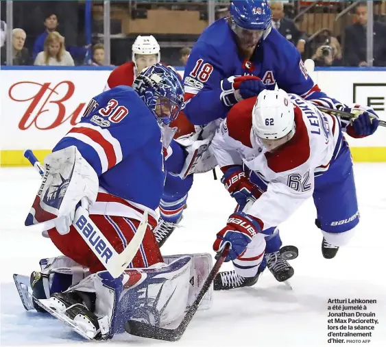  ?? PHOTO AFP ?? Artturi Lehkonen a été jumelé à Jonathan Drouin et Max Pacioretty, lors de la séance d’entraîneme­nt d’hier.