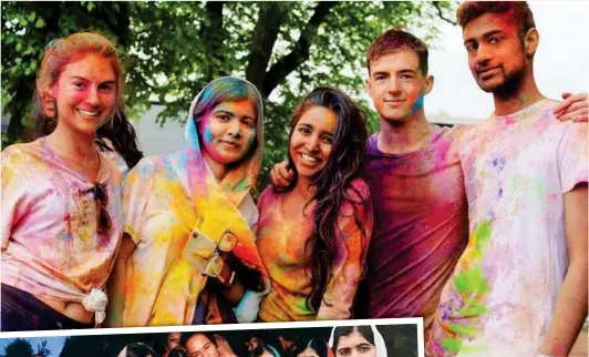  ??  ?? Messy: Malala (second left) and friends at an Oxford Hindu Society celebratio­n