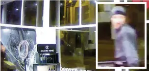  ??  ?? A still showing a man smashing the glass and a police shot of a suspect (inset). To see the full video visit our website