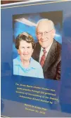  ??  ?? n The plaque honoring Marvin F. and Aileen Poer states, “The James Bowie Alumni Center was made possible through the generous donation of this building to the Simms Independen­t School District by Marvin and Aileen Poer, December 30, 2016.”