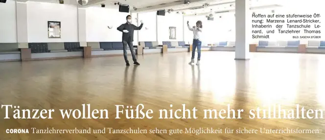  ?? BILD: SASCHA STÜBER ?? Hoffen auf eine stufenweis­e Öffnung: Marzena Lenard-Stricker, Inhaberin der Tanzschule Lenard, und Tanzlehrer Thomas Schmidt