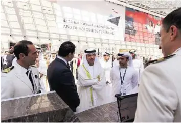  ?? Abdul Rahman/Gulf News ?? Official tour Shaikh Hazza Bin Zayed Al Nahyan, National Security Adviser and Deputy Chairman of Abu Dhabi Executive Council, Captain Mohammad Al Shamsi with officials tour Port Zayed.