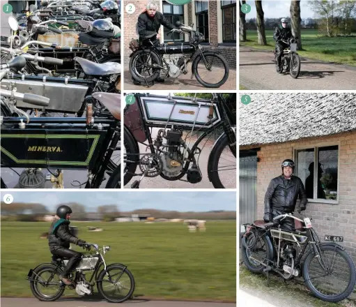  ??  ?? How aesthetica­lly pleasing: a straight view down a line of flat-tankers 1912 Magnat Debon (that’s the bike, not the rider) A 1912 Sarolea, a 500cc single slogger of Belgian extraction The 1903 Pebok proved to be a bit of a gym substitute 1911 Zenith...