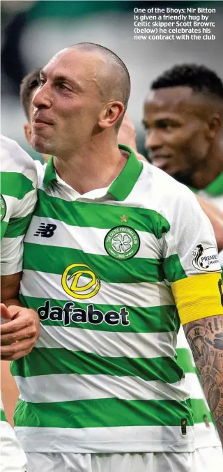  ??  ?? One of the Bhoys: Nir Bitton is given a friendly hug by Celtic skipper Scott Brown; (below) he celebrates his new contract with the club