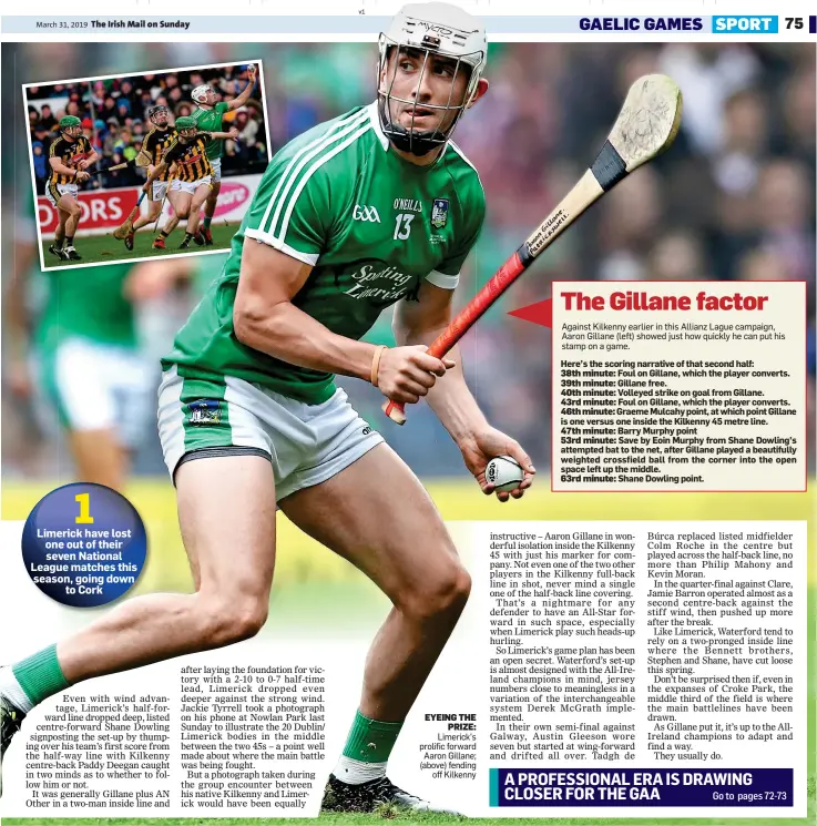  ??  ?? EYEING THE PRIZE: Limerick’s prolific forward Aaron Gillane; (above) fending off Kilkenny