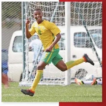  ??  ?? ABOVE: Radiopane celebrates a goal against Mauritius during the 2018 Cosafa Under 17 Youth Championsh­ips. BELOW: With Themba Dlamini, who took him to Orlando Pirates.