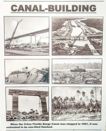  ?? PATRICK CONNOLLY/ORLANDO SENTINEL PHOTOS ?? Historical photos that show the building process behind the scrapped Cross Florida Barge Canal project can be seen on a short hike at The Island, an interpreti­ve historical park in Ocala, on Feb. 20.