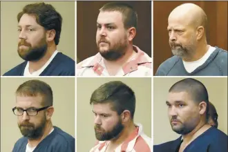  ?? AP file photo ?? This combinatio­n of photos shows (from top left), former Rankin County sheriff’s deputies Hunter Elward, Christian Dedmon, Brett McAlpin, Jeffrey Middleton, Daniel Opdyke and former Richland police officer Joshua Hartfield appearing at the Rankin County Circuit Court in Brandon, Miss., Aug. 14. The six former Mississipp­i law enforcemen­t officers who pleaded guilty to a long list of state and federal charges for torturing two Black men was sentenced by a state judge Wednesday.