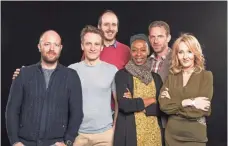  ?? PHOTOS BY CHARLIE GRAY, EPA ?? The Cursed Child team: co-writer and director John Tiffany, left; star Jamie Parker; playwright Jack Thorne; Noma Dumezweni, who plays a grown-up Hermione Granger; Paul Thornley, who plays Ron Weasley; and J.K. Rowling.