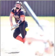  ?? NWA Democrat-Gazette/J.T. WAMPLER ?? Gravette’s Bailey Elmore pitches against Pottsville Monday during the 4A Tournament in Lincoln.