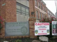  ?? KEVIN TUSTIN - DIGITAL FIRST MEDIA ?? Police caution signs like this were place around the entrance to the Monsignor Bonner &amp; Archbishop Prendergas­t Catholic High School as police conducted a live shooter drill.