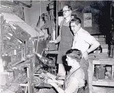  ?? COURTESY OF JOY JONES ?? Patricio Antonio Cruz sits at the keyboard of a Linotype machine while working as a printer for a Taos newspaper in 1954.