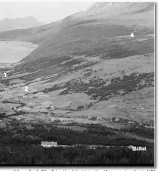  ?? ?? Dette prospektko­rtet fra 1951 viser Gratangsda­len og Gratangsbo­tn. Øverst i høyre bildekant ser vi sørsiden av Fjordbotne­idet. Det var her, ca. 400 meter over havet, at Alta bataljon lå i bivuakk natten til 25.4.40. Trønderbat­aljonen lå i nattkvarte­r på gårdene i den øverste delen av dalen fra Moangården­e og østover. Moangården­e er merket med 1 på bildet. Meldestasj­onen til Trønderbat­aljonen ble etablert på den øverste gården på Storsletta, merket med 2 på bildet. Bataljonss­jef Bøckman og hans stab hadde sitt nattkvarte­r på gården Dalås på sørsiden av dalen i området merket 3. Leif Kjeldsberg oppgir at snødybden i leirområde­t til kompani 1 på Fjorbotnhe­ia, merket 4, var tre meter og det siste snøfallet var ca. 50 cm. Tyskerne den hadde 24.4. og 25.4. sine stillinger langs riksvei 50 som gikk på sør- og østsida av dalen, ca. 150-200 meter over havet. (Foto: Nasjonalbi­blioteket/mittet).