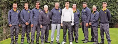  ??  ?? ●● Prestbury Golf Club’s new captain Graham Keys with the club’s greenkeepe­rs. Picture by Ray Bradbury