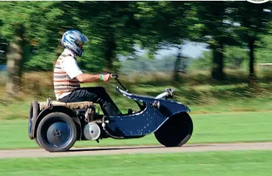  ?? ?? Spotted at the 2021 Grimsthorp­e Speed Trials, a brave soul in his Harper Runabout.