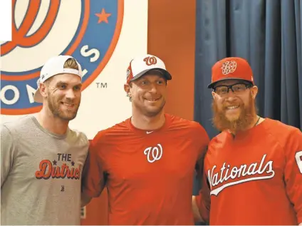  ?? GEOFF BURKE/USA TODAY SPORTS ?? The Nationals selected for the National League All-Star team are, from left, right fielder Bryce Harper, pitcher Max Scherzer and reliever Sean Doolittle.