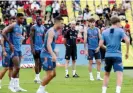  ?? ?? Manchester United manager Erik ten Hag (centre) leads his team’s training session for the pre-season tour match against Liverpool in Bangkok. Photograph: Rungroj Yongrit/EPA