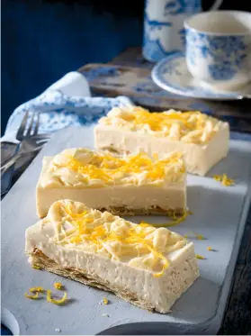  ??  ?? Makes 20 zest and juice of 2 lemons 40g butter 9 filo pastry sheets 800g condensed milk 500g cream cheese 300g white chocolate