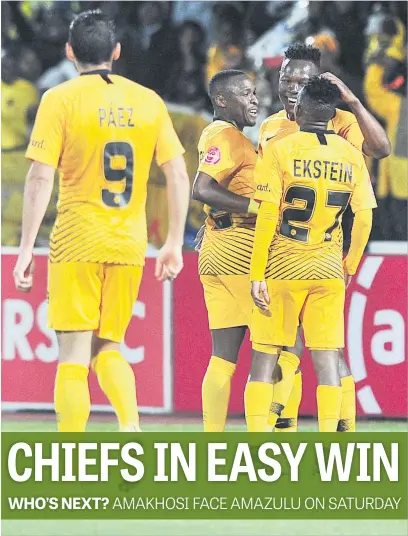  ?? Picture: BackpagePi­x ?? ON A ROLL. Philani Zulu of Kaizer Chiefs celebrates his goal with teammates during their Absa Premiershi­p match against Free State Stars at Goble Park Stadium last night.