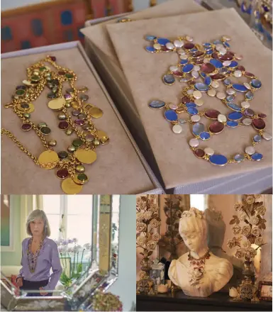  ??  ?? Arriba, en sentido horario: su colección de joyas es uno de sus más preciados tesoros; detalles de su casa; Ariel de Ravenel, diseñadora, socia y mejor amiga de Loulou de la Falaise, musa de Yves Saint Laurent.