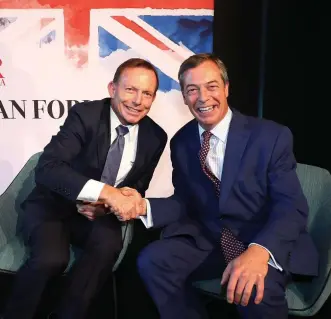  ?? Picture: JOHN FEDER ?? TRADE TALKS: Former PM Tony Abbott and Brexit Party leader Nigel Farage.