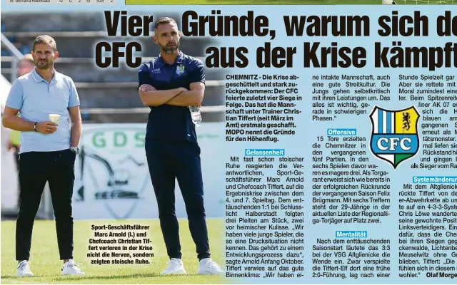  ?? ?? Sport-Geschäftsf­ührer Marc Arnold (l.) und Chefcoach Christian Tiffert verloren in der Krise nicht die Nerven, sondern zeigten stoische Ruhe.