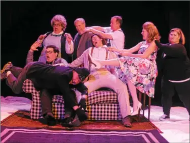  ?? PHOTO BY KATHI CHRISTIE & SPENCER MOSS FECHO ?? This Wild Couch scene features on the couch from the left, Steve Reazor as Selsdon (laying across lap, Joey Moray as Frederick, James Haggerty as Garry and Julia Marie as Brooke. Standing right is Kelly Moray as Poppy. Behind the sofa from the left are...