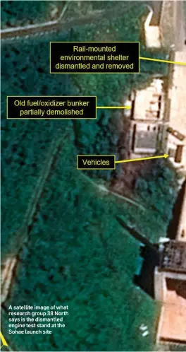  ??  ?? A satellite image of what research group 38 North says is the dismantled engine test stand at the Sohae launch site